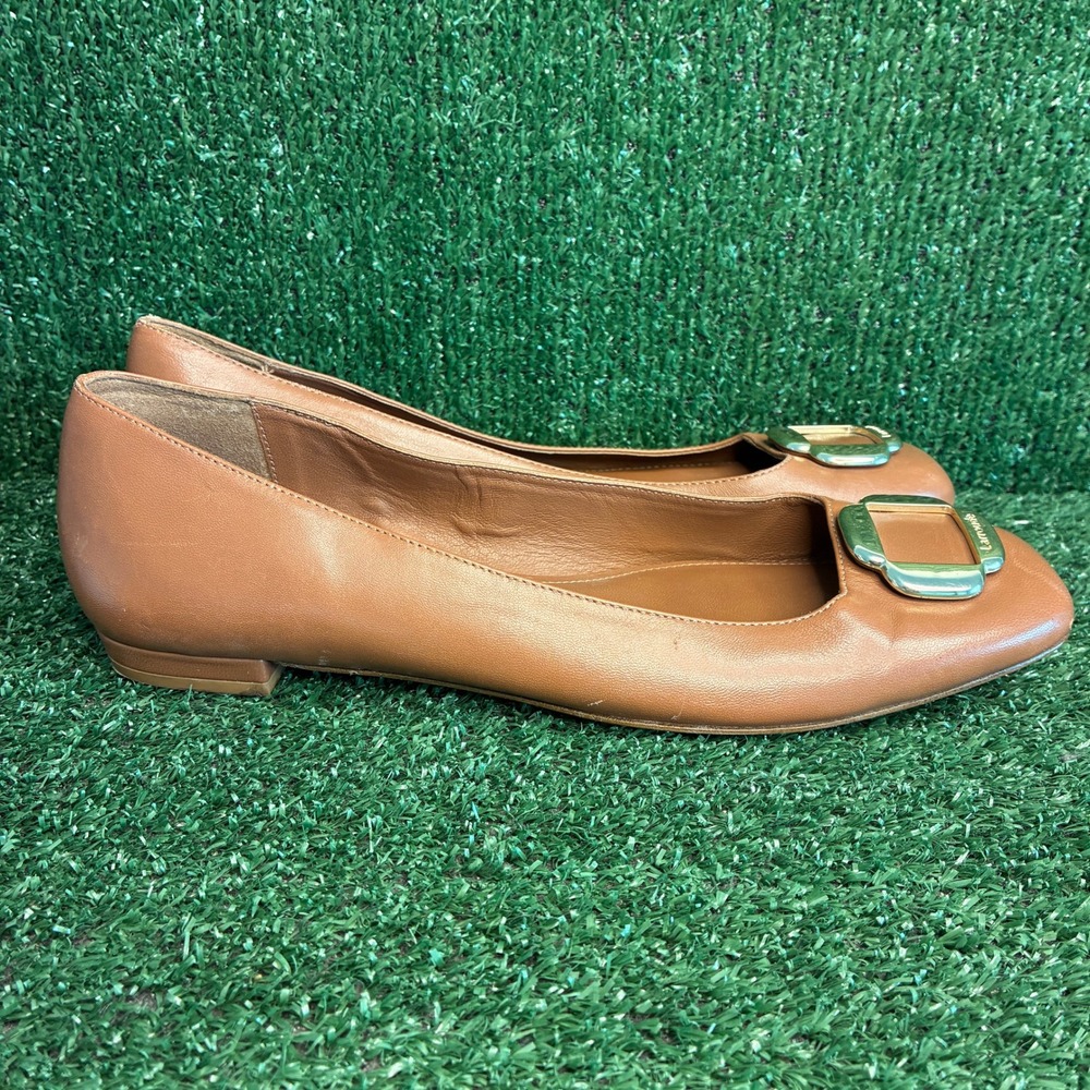 Larroude Maria Buckle Leather Square Toe Ballet Flats Brown Caramel Womens Sz 10